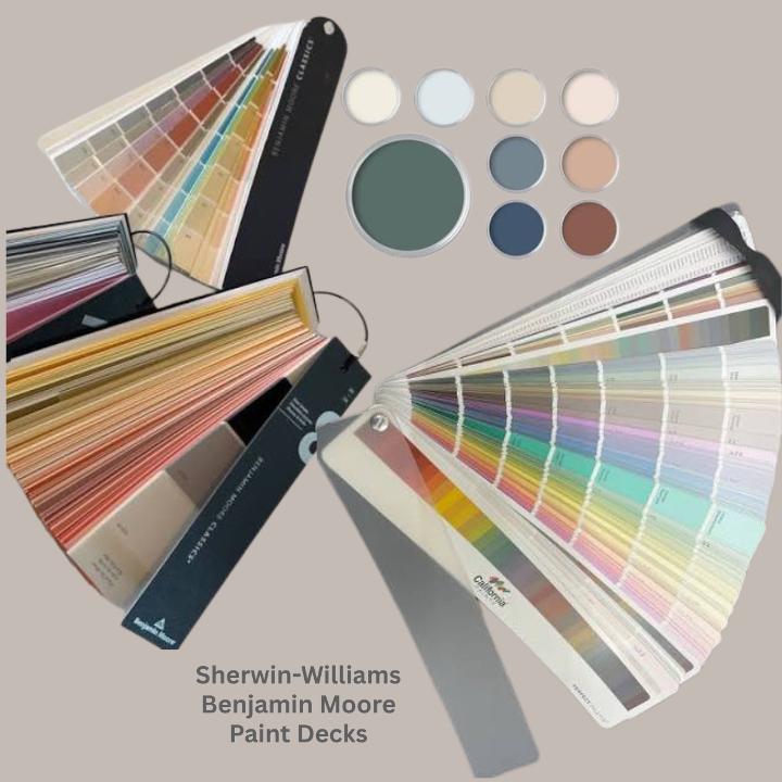 Paint color fan decks from Benjamin Moore and Sherwin-Williams paint companies.