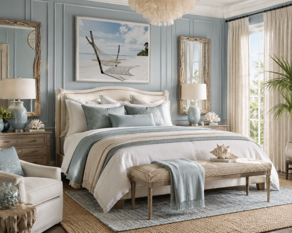 Interior designer Southwest Florida blue coastal primary bedroom