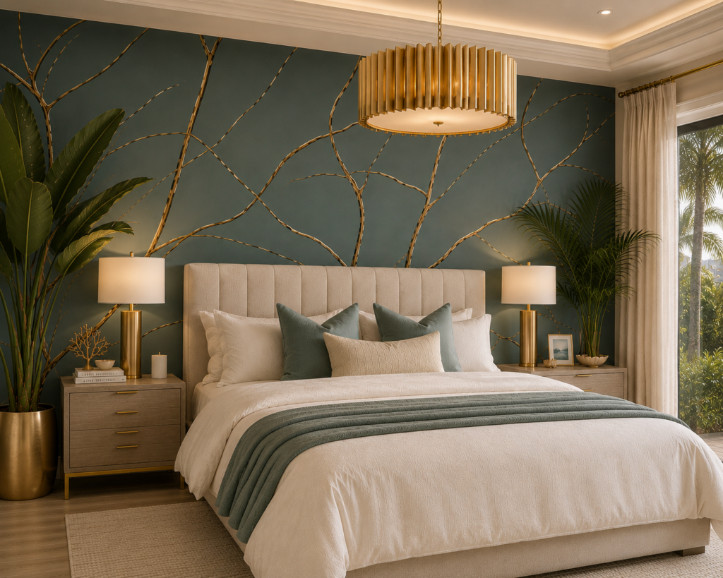 Interior designer Southwest Florida bedroom with teal wallcovering and custom lighting 