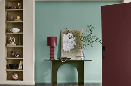 Green entryway taupe moldings Benjimim Moore paints