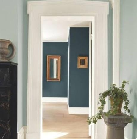 Hallway with painted walls teal, sage green,cream from Benjamin Moore paiints