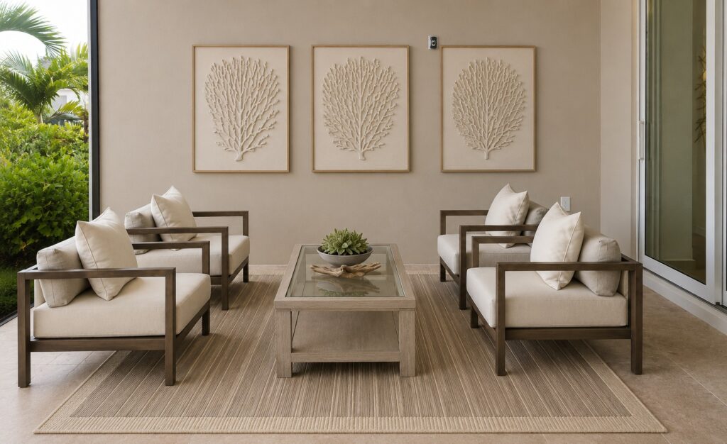 Outdoor patio in colors of cream and linen, Sherwin-Williams paint colors 