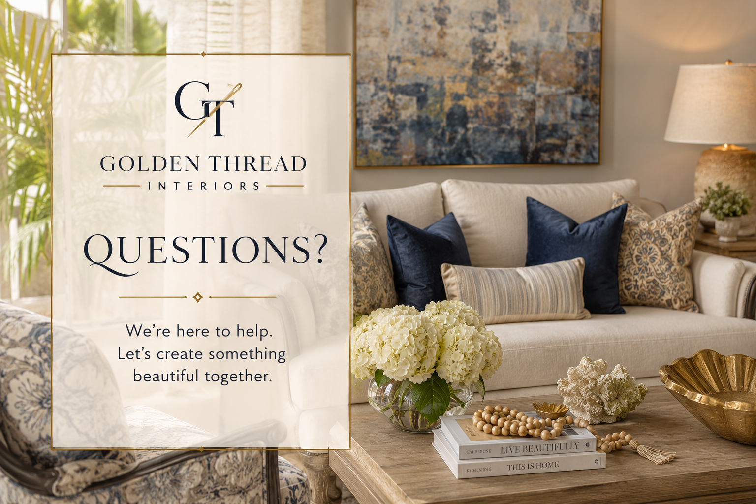 Living room with the word Questions for the question and answer area of the website.