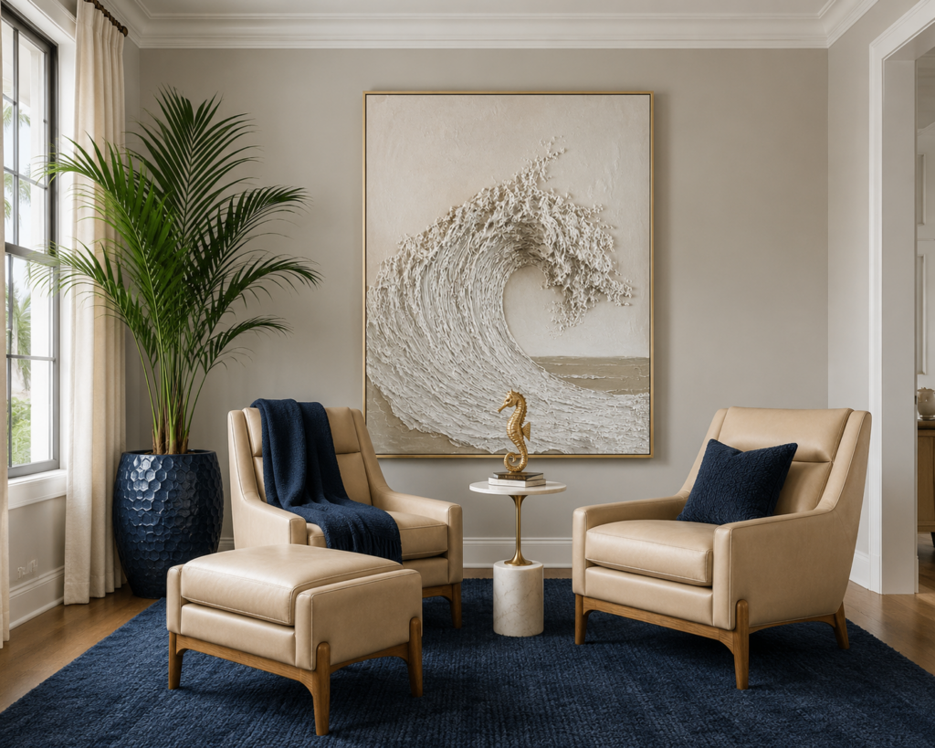 Interior designer Southwest Florida sitting area with navy accents and coastal wave artwork