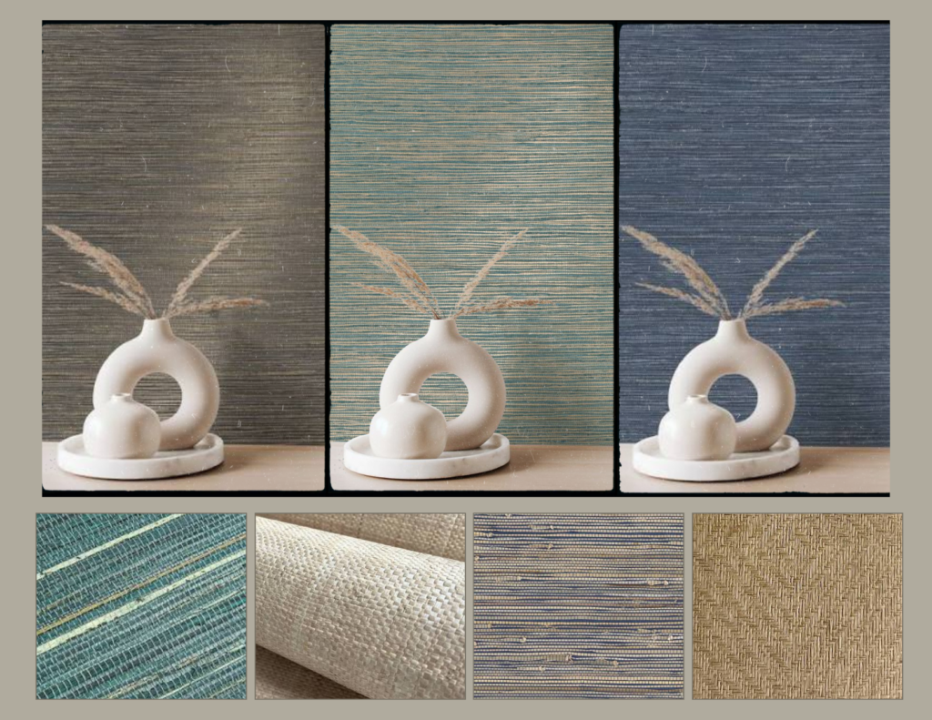 Natural grasscloth wallcoverings in woven colors and textures