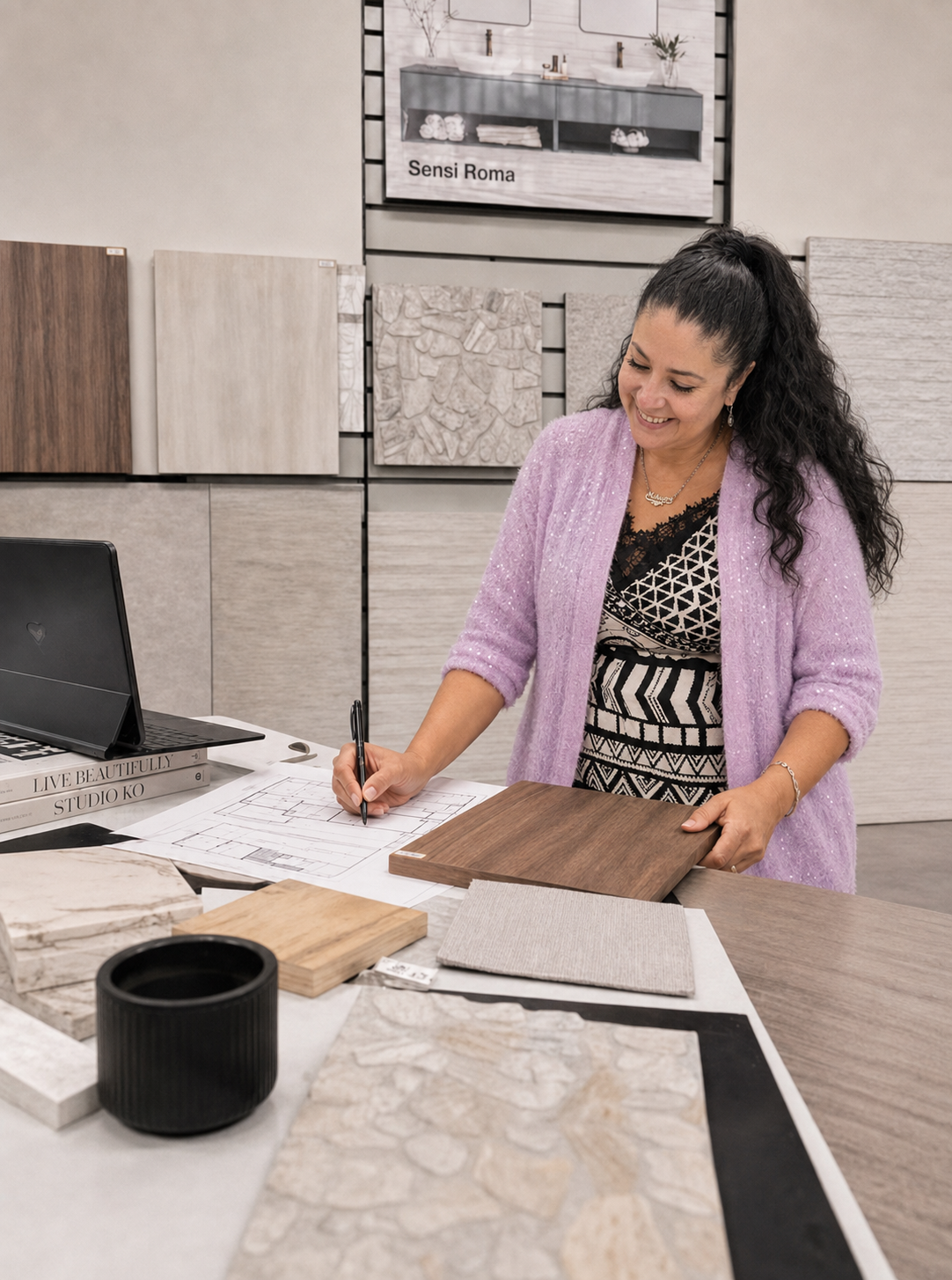 Interior designer Southwest Florida selecting materials for a new construction project