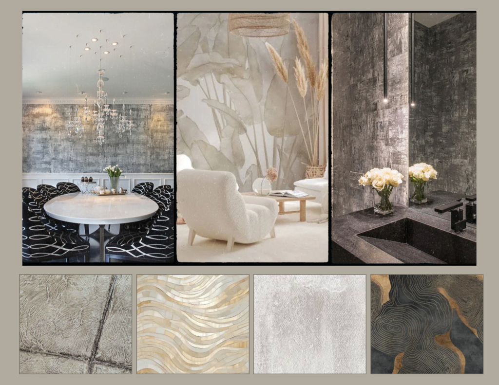 Hand-painted Vahallan wallcoverings with layered color and texture