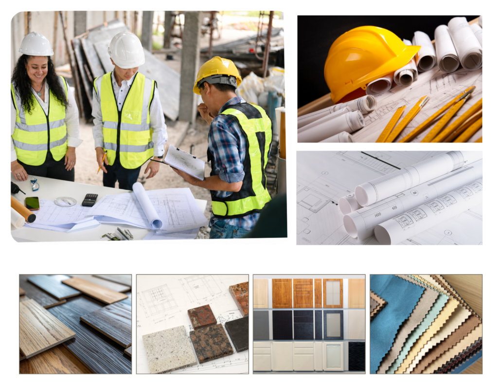 Interior design project management with construction coordination, blueprints, flooring, tile, and fabric selections