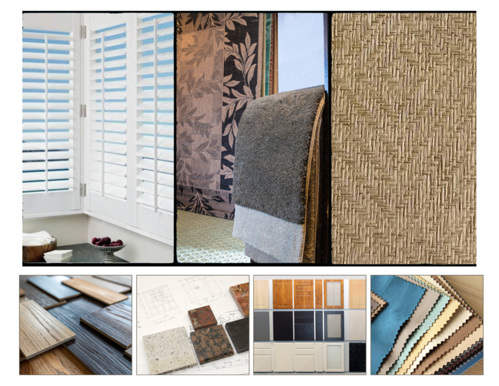 Interior design material samples for project management, including fabrics, flooring, wallcoverings, and finish selections