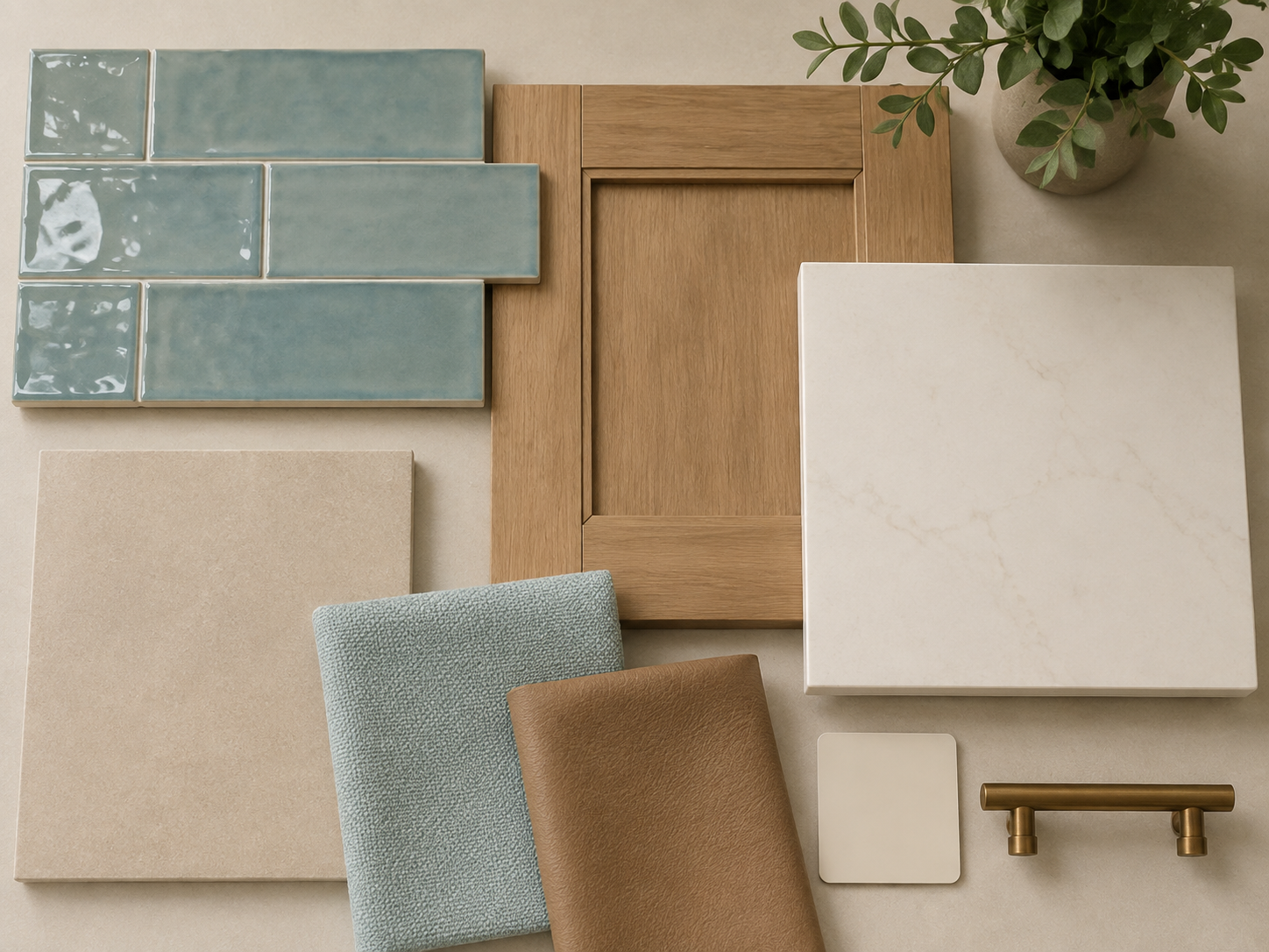 Interior design material selections, including tile, cabinetry, fabric, and hardware for a Southwest Florida project
