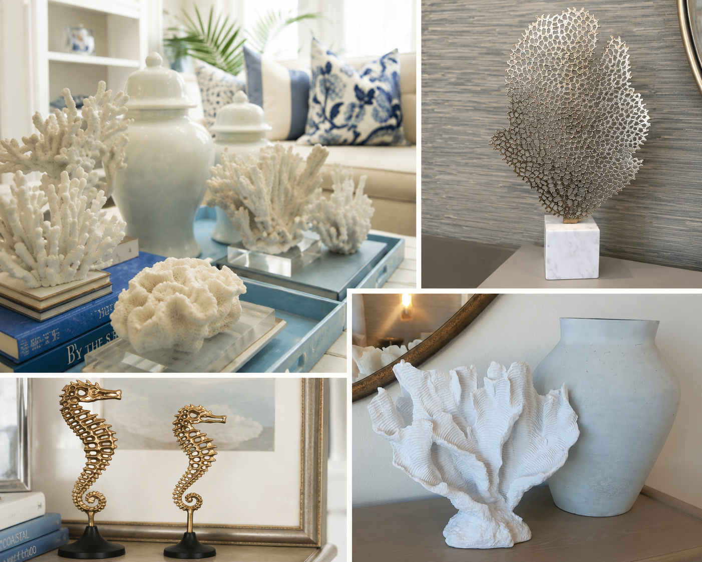 Furniture and accessories, including coral, vases, and coastal decor