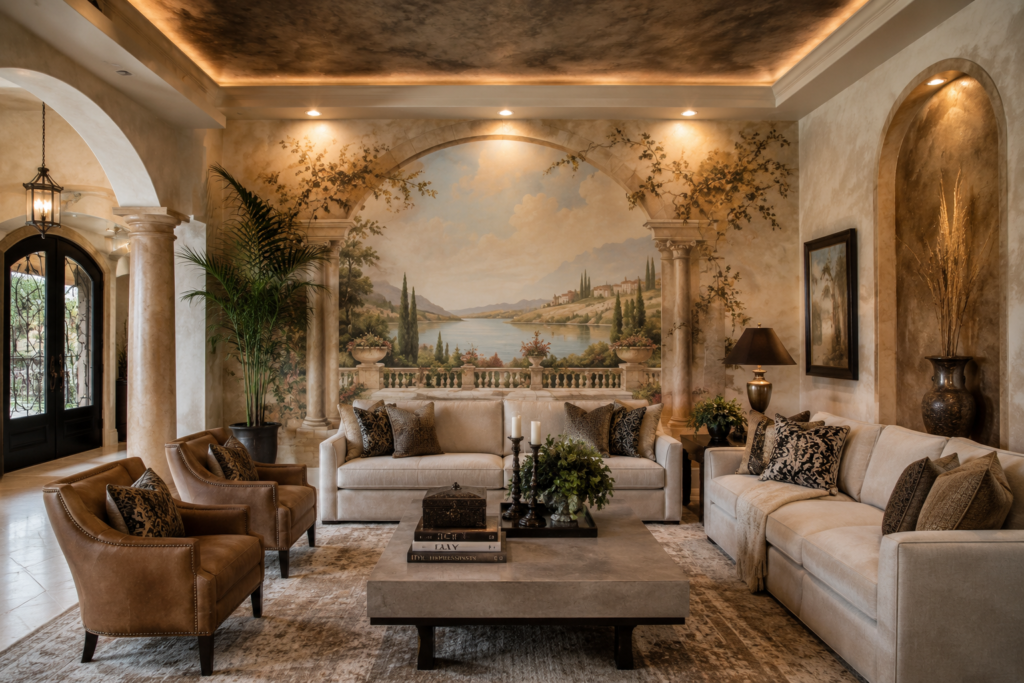 Custom mural and decorative finishes in an elegant living room