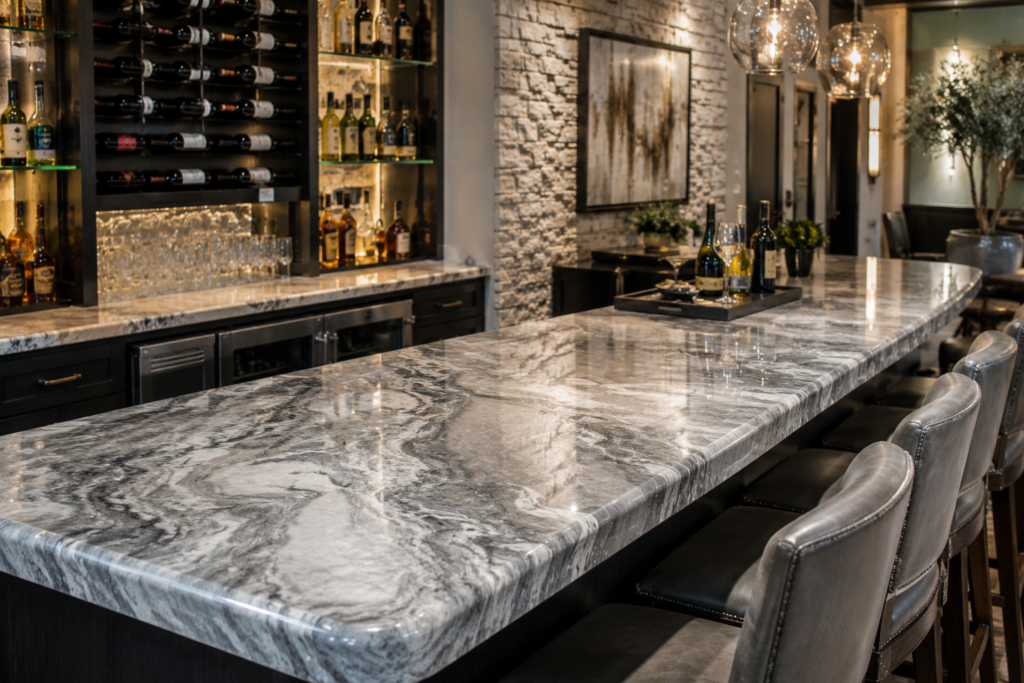 Gray, silver and white marble-look decorative concrete bar top
