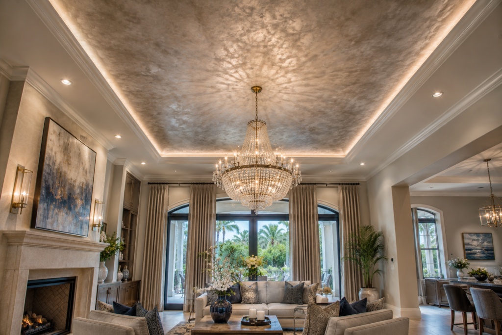 Tray ceiling with shimmering decorative finish and crystal chandelier