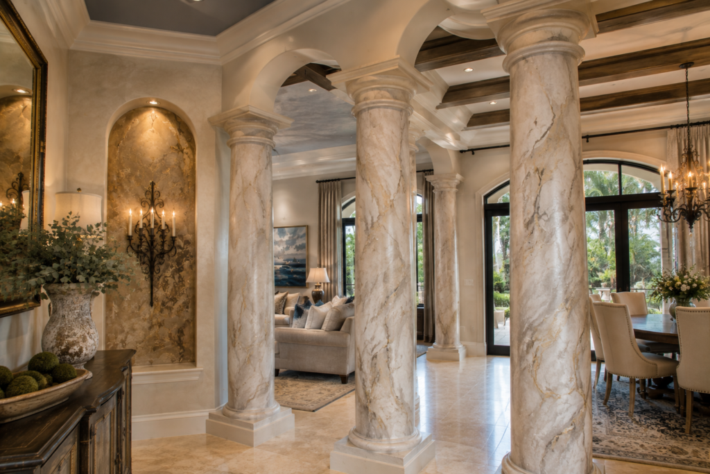 Marble-look decorative finish on architectural entry columns