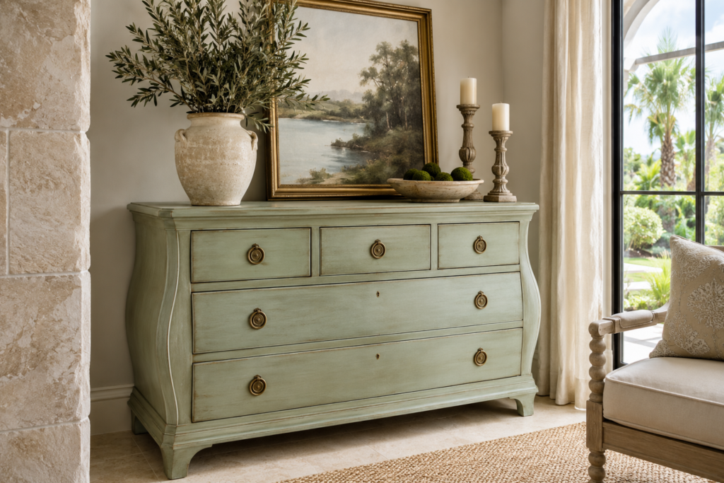 Sage green dresser with soft aged milk paint finish
