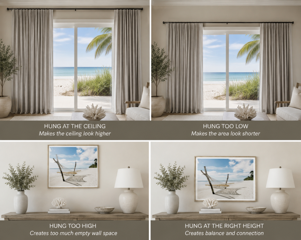 Example of curtain and artwork placement showing proper scale and proportions