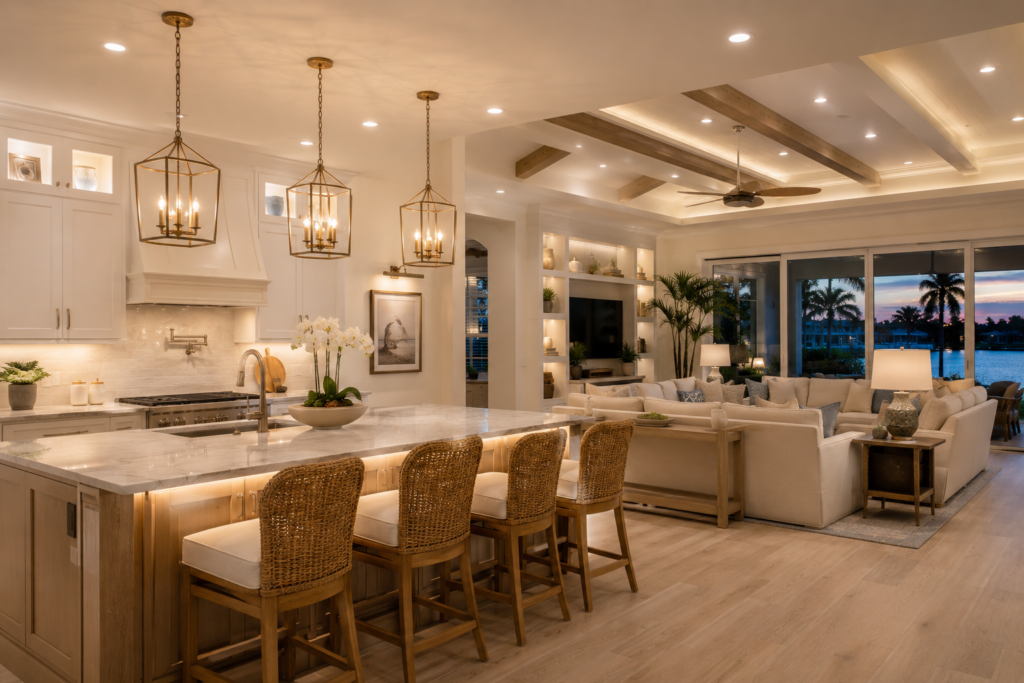 Evening lighting Southwest Florida interior with layered ambient, task and accent lighting