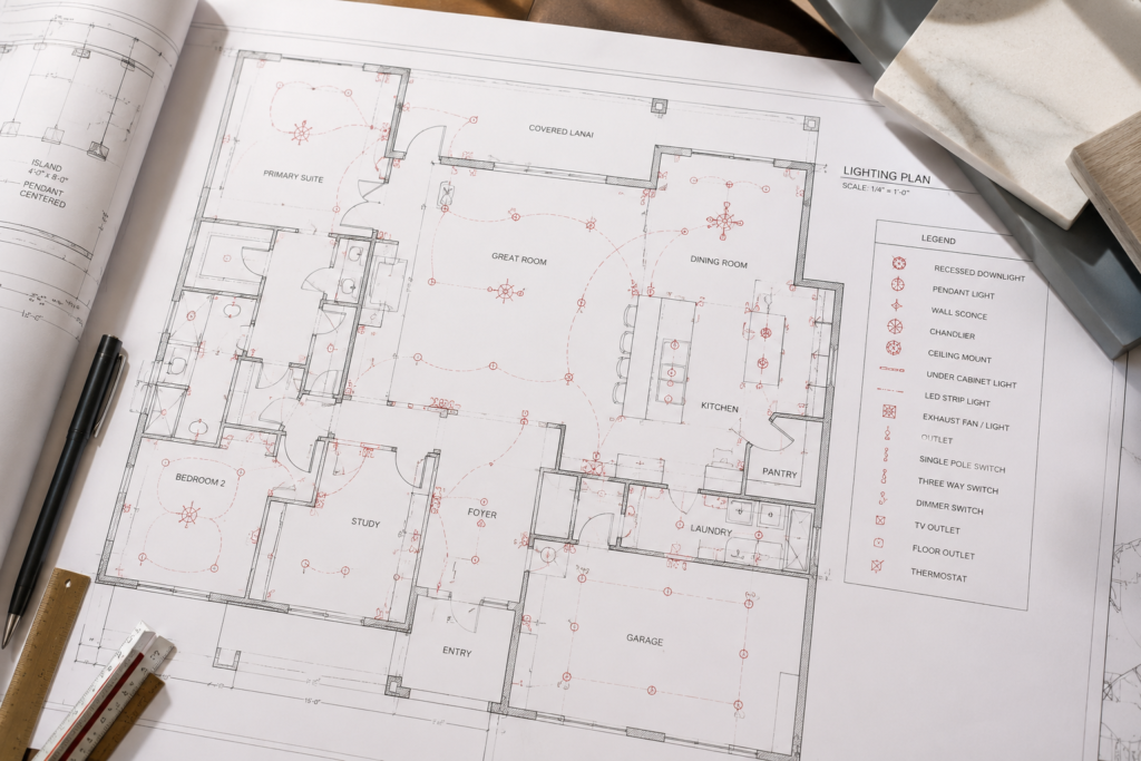 Residential electrical plan showing fixture, switch and outlet locations
