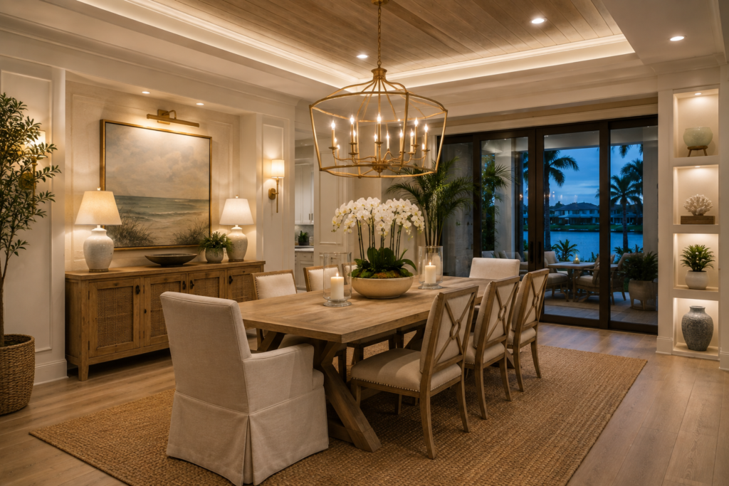 Coastal dining room with brass chandelier and recessed ceiling lights