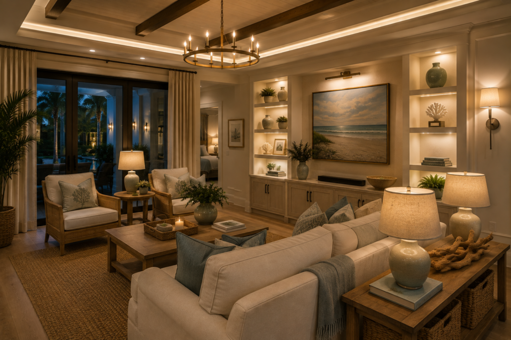 Warm living room with recessed lights, sconces and illuminated built-in shelving
