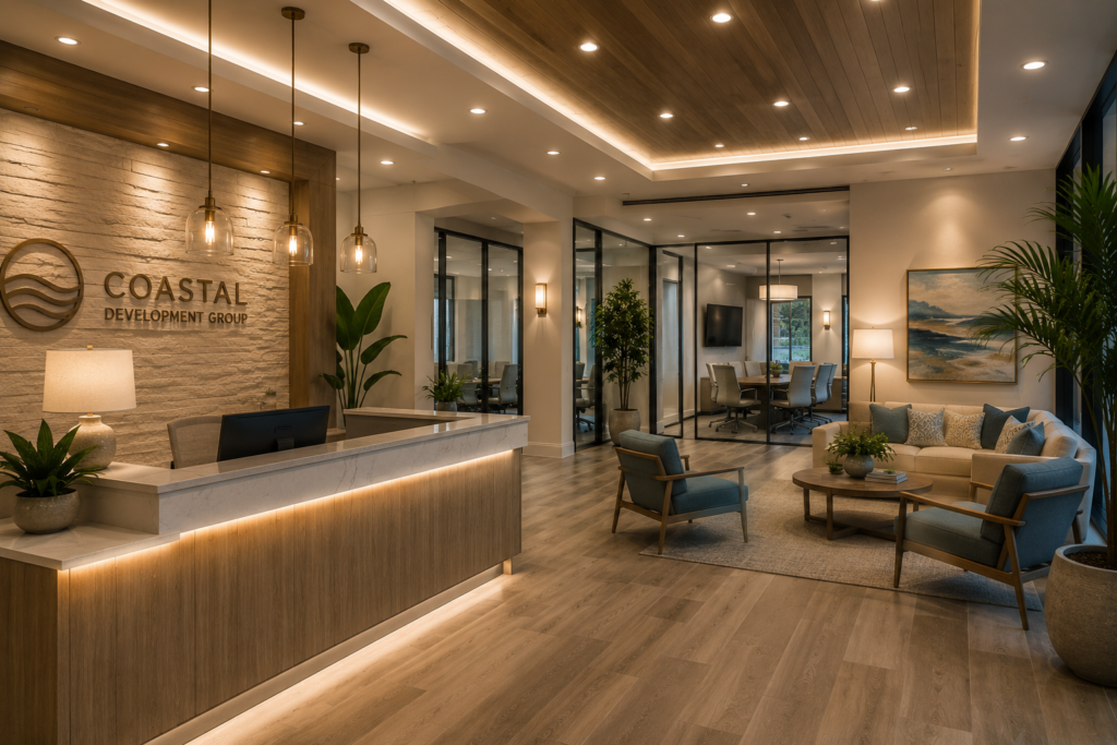 Commercial reception area with pendant lights, sconces and illuminated feature wall